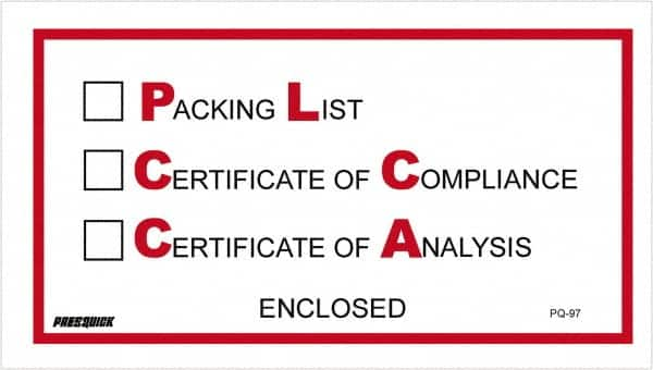 Packing Slip Envelope: Packing List/Certificate of Compliance/Certificate of Analysis Enclosed, 1,000 Pc MPN:PL97