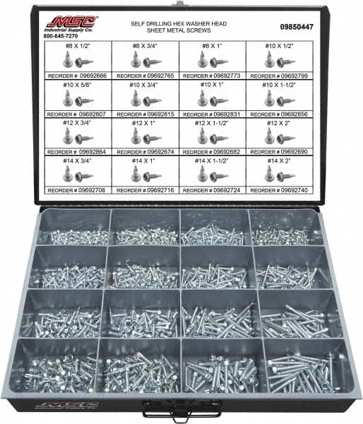 1,025 Piece, #8x3/4 to 1/4x2, Steel Sheet Metal Screw Assortment MPN:09850447