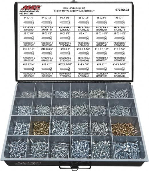 2,000 Piece, #4x1/4 to #10 x 1-1/4, Steel Sheet Metal Screw Assortment MPN:67756403