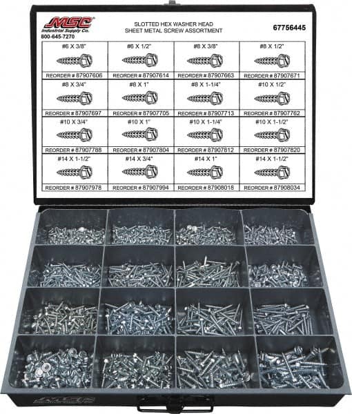 1,350 Piece, #6x3/8 to #14 x 1-1/2, Steel Sheet Metal Screw Assortment MPN:67756445