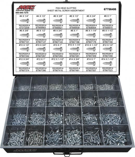 2,000 Piece, #4x1/4 to #10 x 1-1/4, Steel Sheet Metal Screw Assortment MPN:67756486