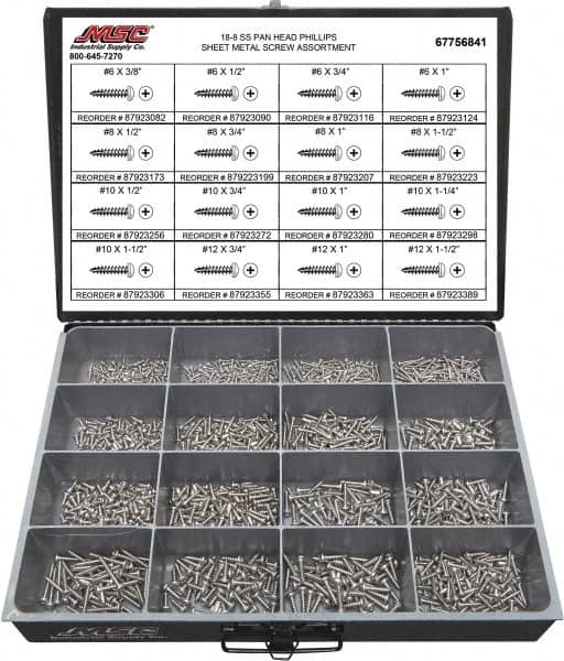 1,300 Piece, #6x3/8 to #12 x 1-1/2, Stainless Steel Sheet Metal Screw Assortment MPN:67756841