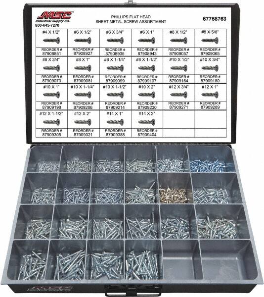 1,200 Piece, #4x1/2 to #10x2, Steel Sheet Metal Screw Assortment MPN:67758763