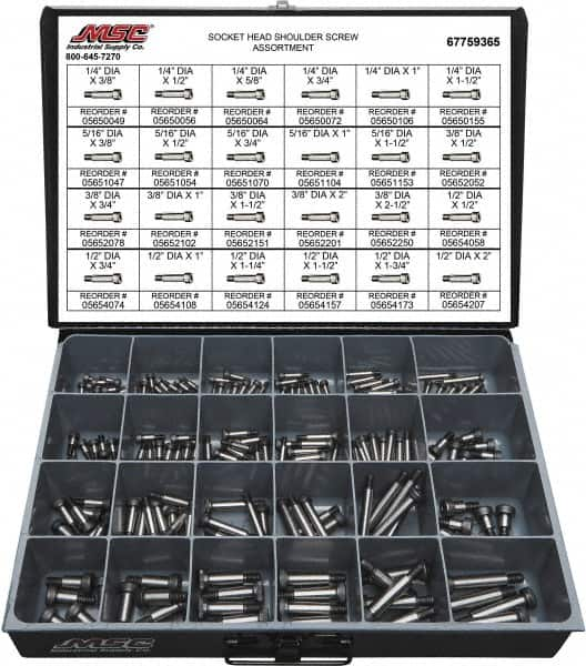 190 Piece, 1/4x3/8 to 3/8 x 1-1/2, Alloy Steel Shoulder Screw Assortment MPN:67759365