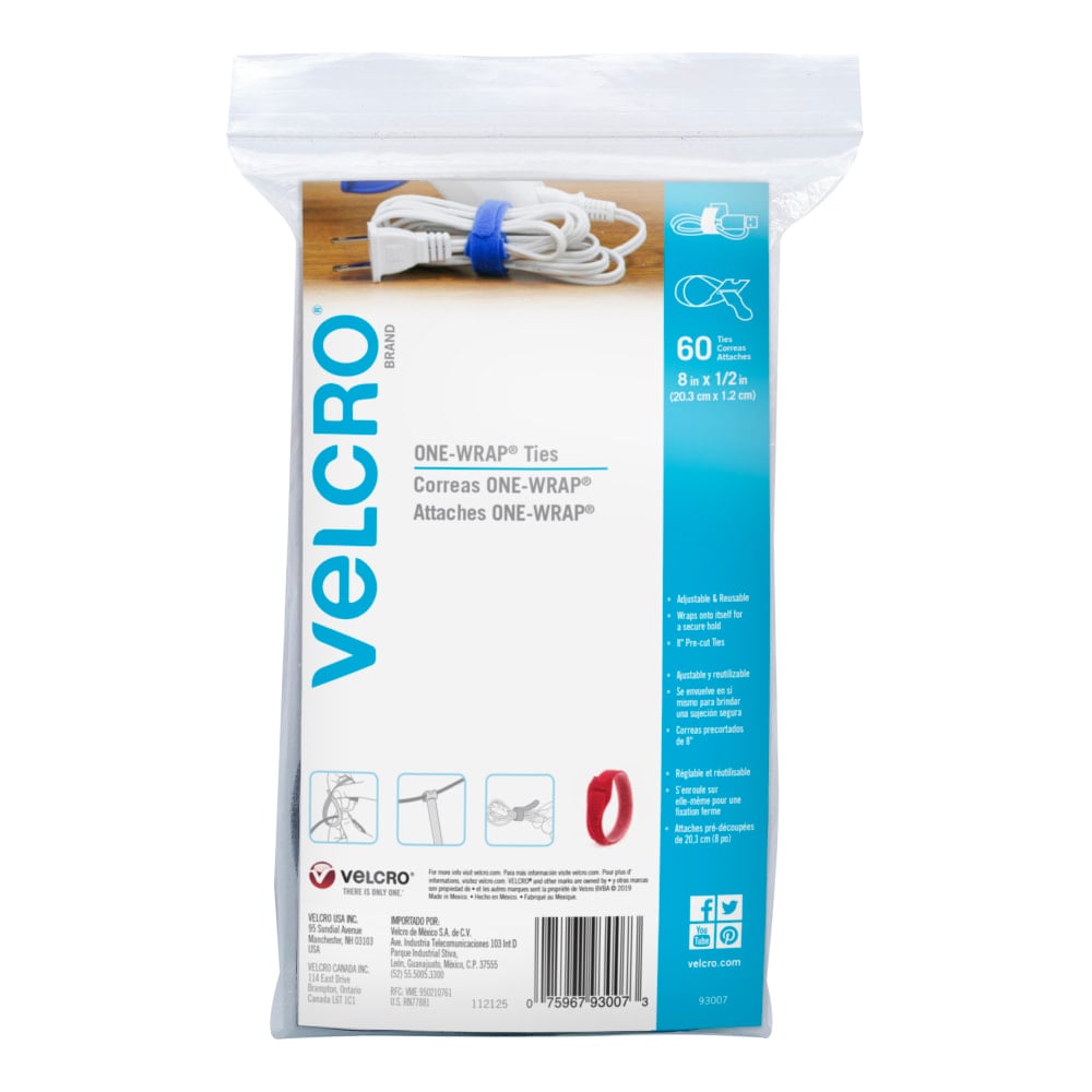 VELCRO Brand ONE-WRAP Thin Ties, 8in x 1/2in, Assorted Colors, Pack Of 60 Ties (Min Order Qty 5) MPN:93007