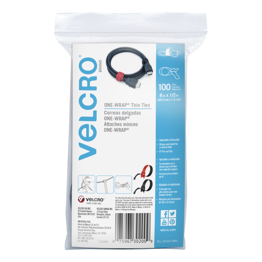 VELCRO Brand ONE-WRAP Thin Ties, 8in x 1/2in, Assorted Colors, Pack Of 100 Ties (Min Order Qty 7) MPN:VEL-30200-AMS