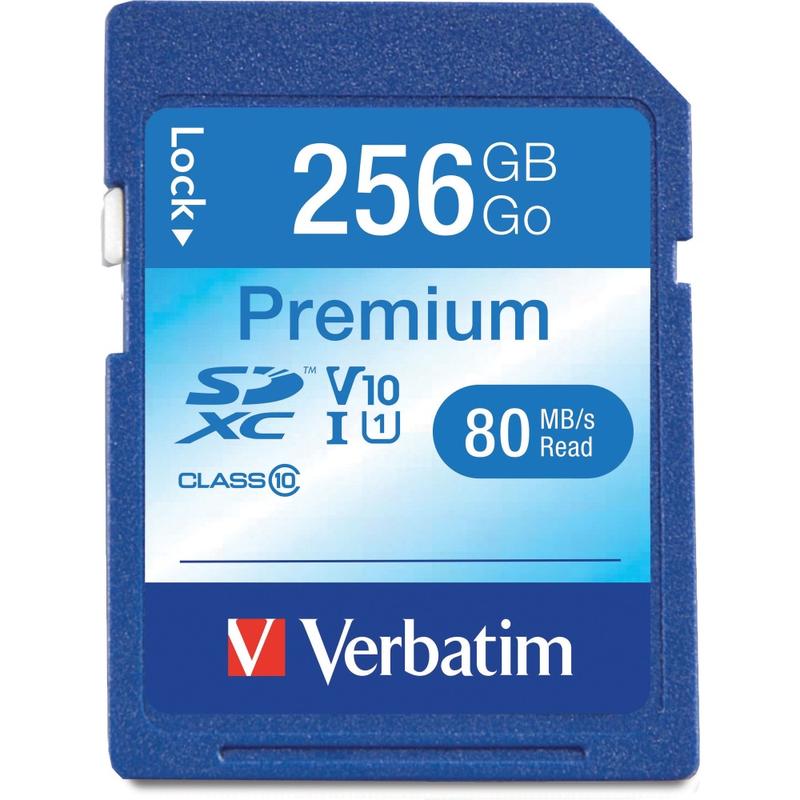 Verbatim 256GB Premium SDXC Memory Card, UHS-I V10 U1 Class 10 - 90 MB/s Read - Lifetime Warranty (Min Order Qty 2) MPN:99828