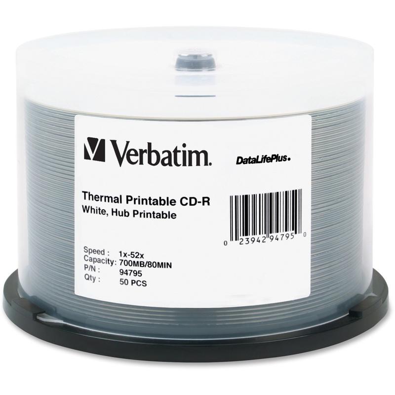 Verbatim DataLifePlus 94795 CD Recordable Media - CD-R - 52x - 700 MB - 50 Pack Spindle - White - 120mm - Single-layer Layers - Printable - Thermal Printable - 1.33 Hour Maximum Recording Time (Min Order Qty 4) MPN:94795