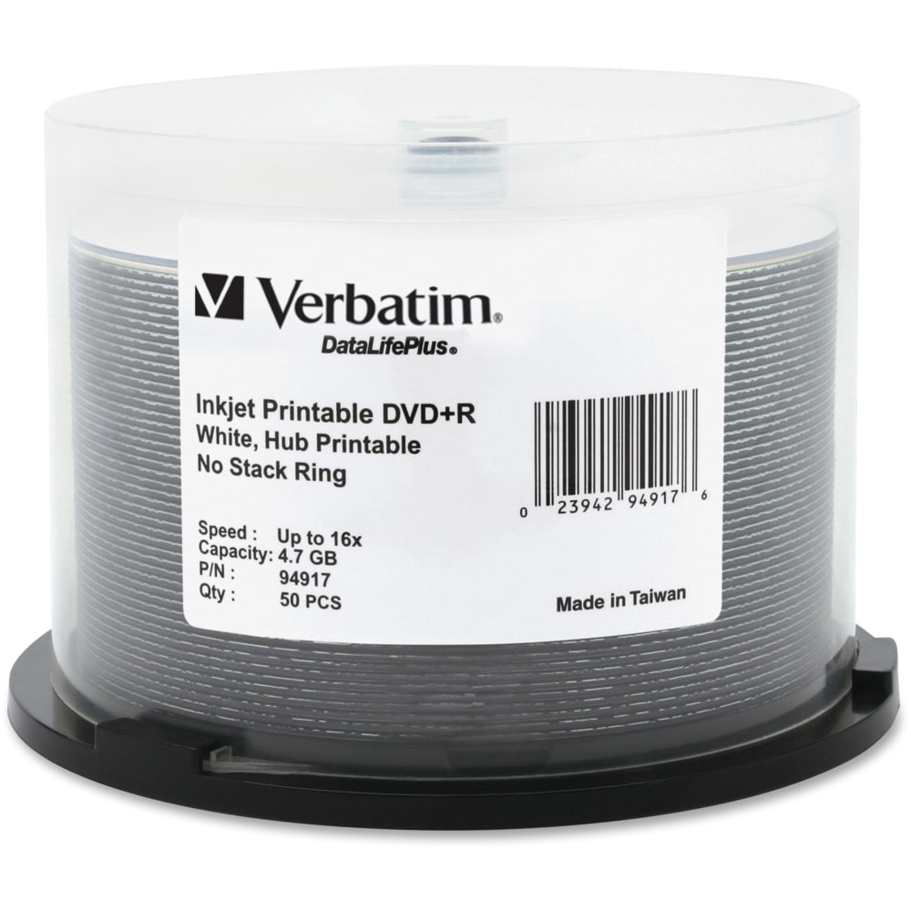 Verbatim Inkjet Printable DVD+R Discs, 4.7GB, 16x, Spindle, White, 50/Pack (Min Order Qty 3) MPN:94917