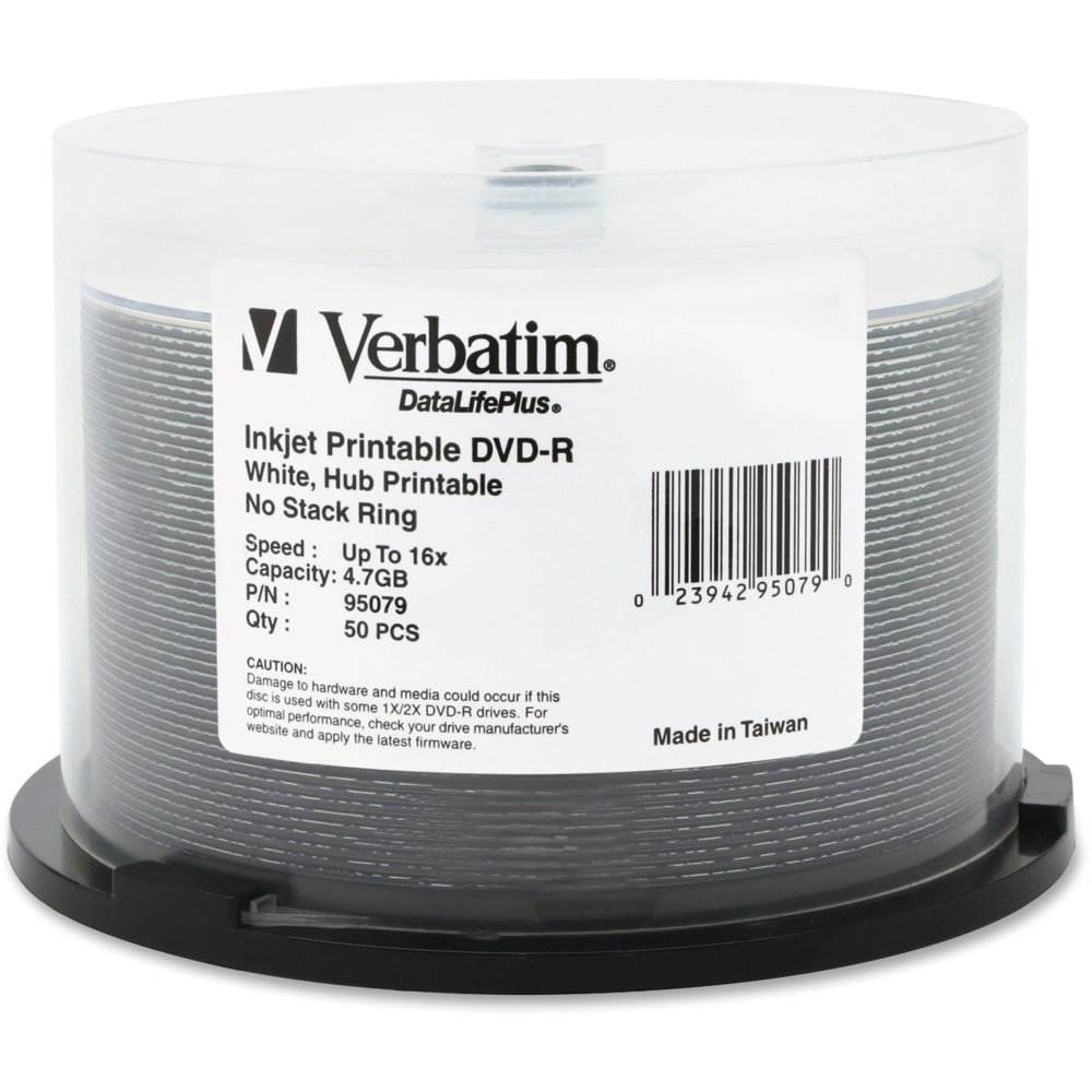 Verbatim DVD-R 4.7GB 16X DataLifePlus White Inkjet Printable, Hub Printable - 50pk Spindle (Min Order Qty 2) MPN:95079