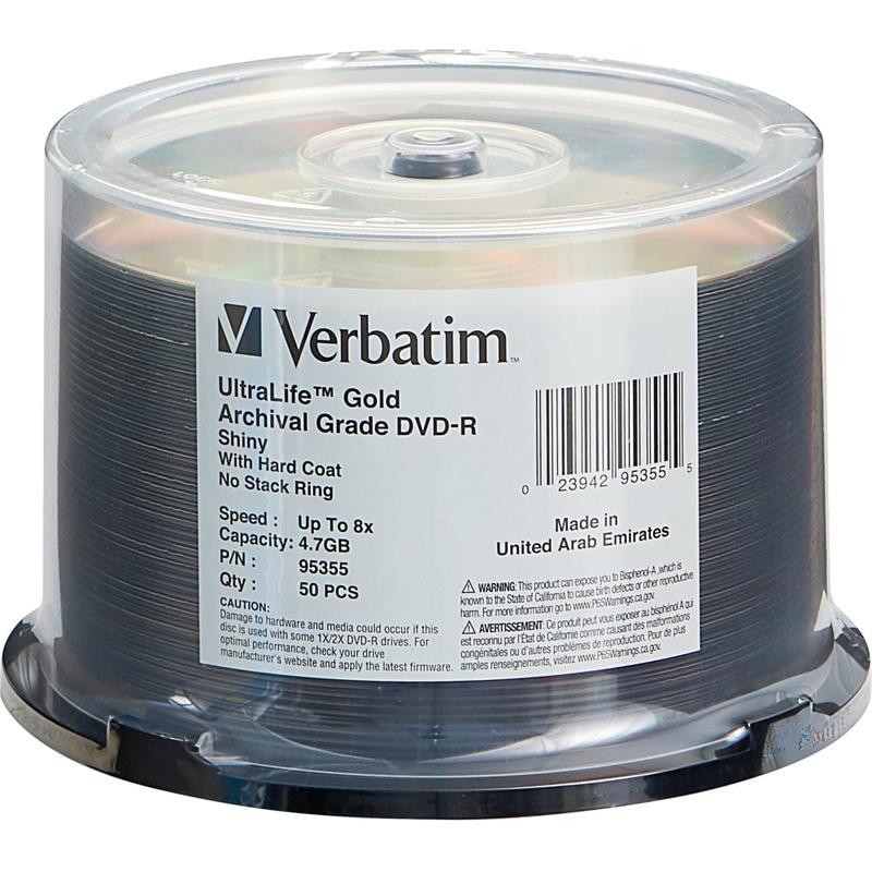 Verbatim DVD-R 4.7GB 8X UltraLife Gold Archival Grade with Branded Surface and Hard Coat - 50pk Spindle - 2 Hour Maximum Recording Time MPN:95355