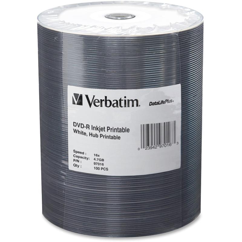 Verbatim DVD-R Printable Disc Spindle, White, Pack Of 100 (Min Order Qty 2) MPN:97016