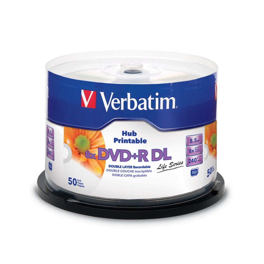 Verbatim DVD+R DL 8.5GB 8X White Inkjet Hub Printable 50pk Spindle (Min Order Qty 2) MPN:97693