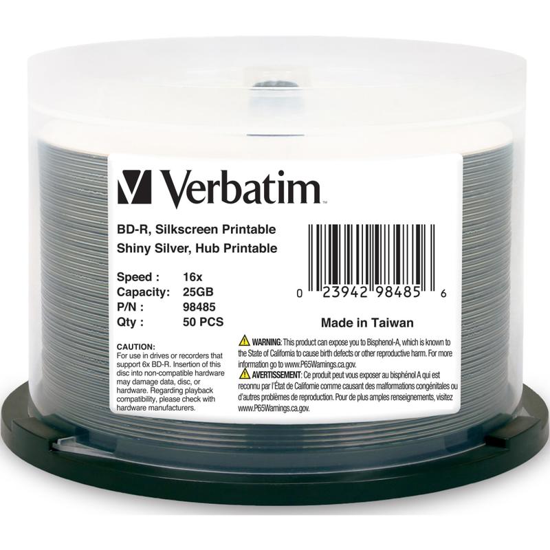 Verbatim BD-R 25GB 16X Shiny Silver Silk Screen Printable, Hub Printable - 50pk Spindle - 50pk Spindle (Min Order Qty 2) MPN:98485