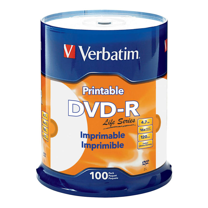 Verbatim DVD-R 4.7GB 16X Life Series White Inkjet Printable, Hub Printable - 100pk Spindle (Min Order Qty 3) MPN:98491