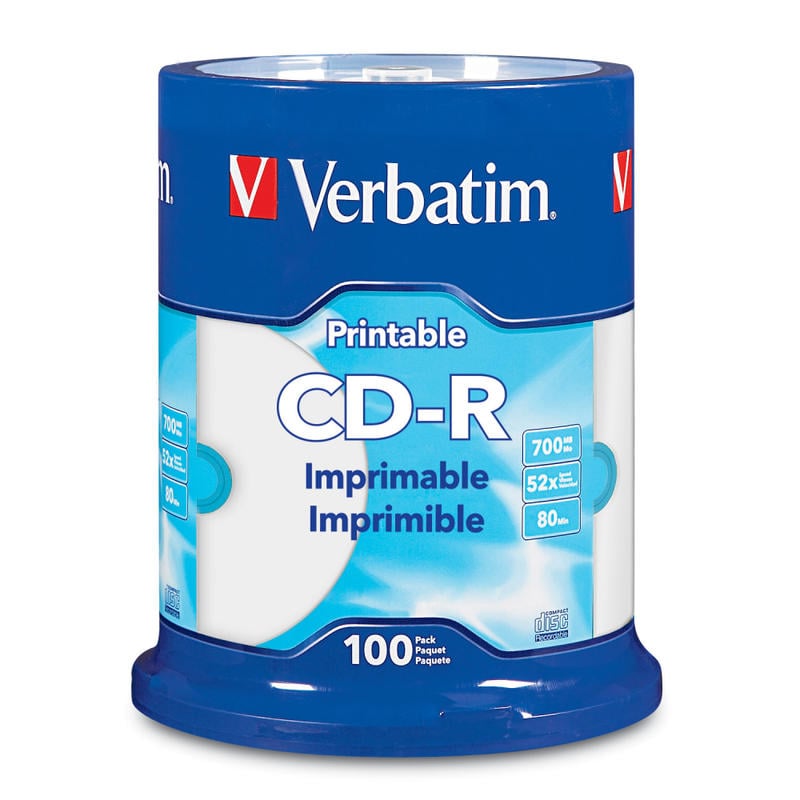 Verbatim CD-R Printable Disc Spindle, Blue/White, Pack Of 100 (Min Order Qty 3) MPN:98493