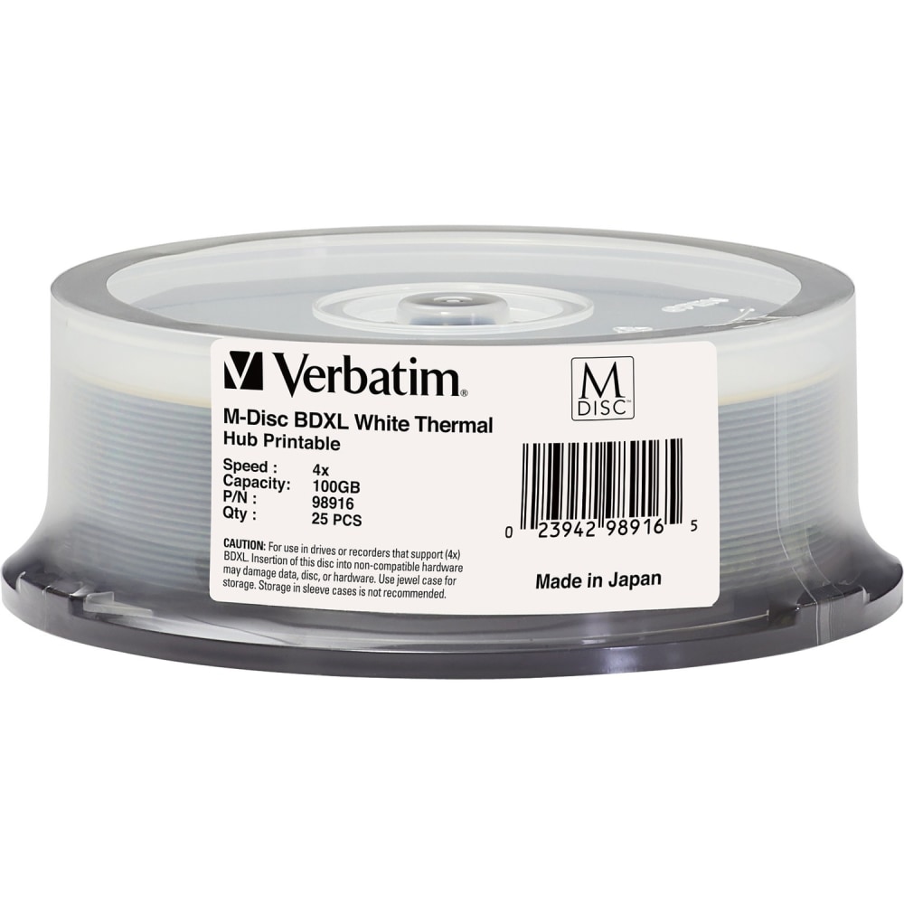 Verbatim M DISC BDXL - 4x - 100 GB - Thermal Printable, Hub Printable - 25pk Spindle - 25pk Spindle MPN:98916