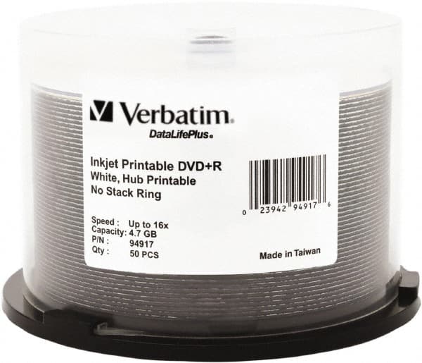 Inkjet Printable DVD+R Discs, 4.7GB, 16x, Spindle, White, 50/Pack MPN:VER94917