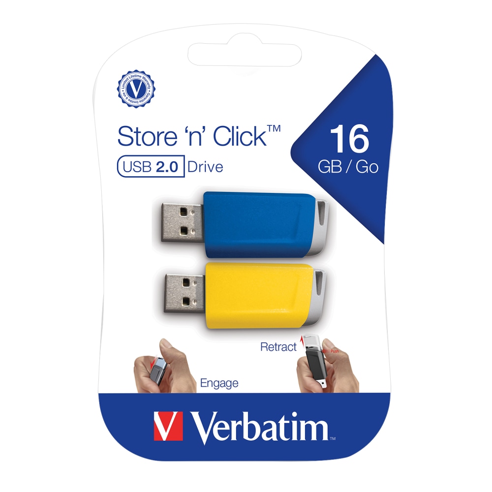 Verbatim Store N Click USB 2.0 Flash Drive, 16GB, Blue/Yellow, Pack Of 2 Flash Drives (Min Order Qty 6) MPN:70376