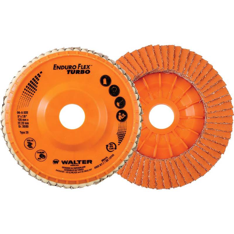 Flap Discs, Disc Diameter (Decimal Inch): 5 , Center Hole Size: 7/8 , Flap Disc Type: Type 29 , Grit: 36 , Grade: Fine  MPN:06A532