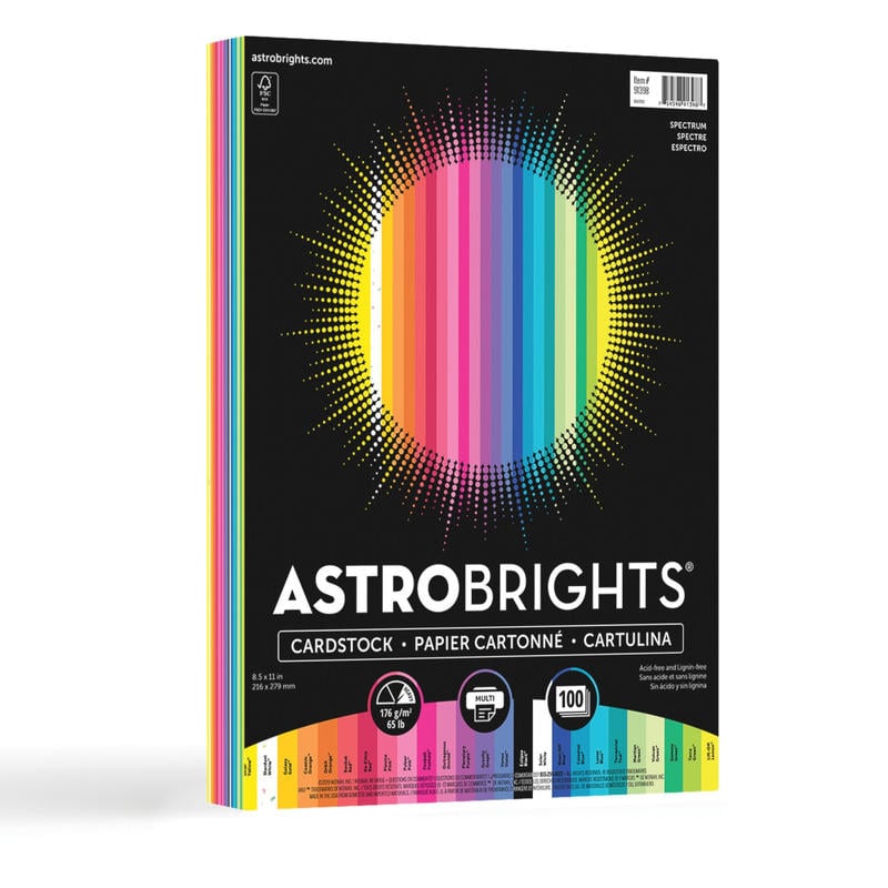 Astrobrights Multi-Use Card Stock, Assorted Colors, Letter (8.5in x 11in), 65 lb, Pack Of 100 (Min Order Qty 5) MPN:91398