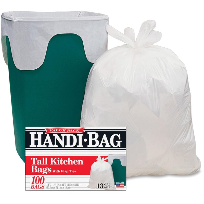 Berry Handi-Bag Flap Tie Tall Kitchen Bags - Small Size - 13 gal Capacity - 23.50in Width x 29in Length - 0.60 mil (15 Micron) Thickness - White - Hexene Resin - 6/Carton - 100 Per Box - Home, Office, Kitchen MPN:HAB6FK100CT