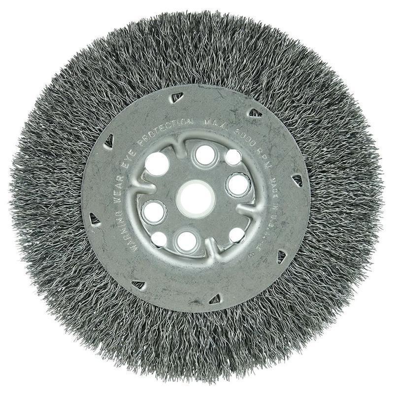 Wheel Brushes, Mount Type: Arbor Hole , Wire Type: Crimped , Outside Diameter (Inch): 6 , Face Width (Inch): 3/4 , Arbor Hole Size: 1/2 in, 5/8 in  MPN:01505