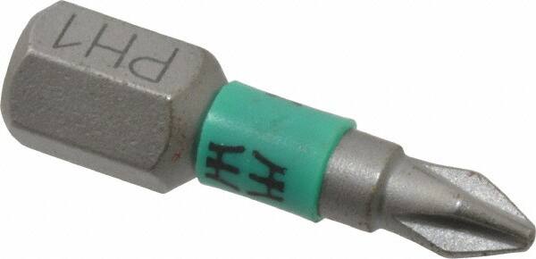 Power Screwdriver Bit: #1 Phillips, PH1 Speciality Point Size, 1/4