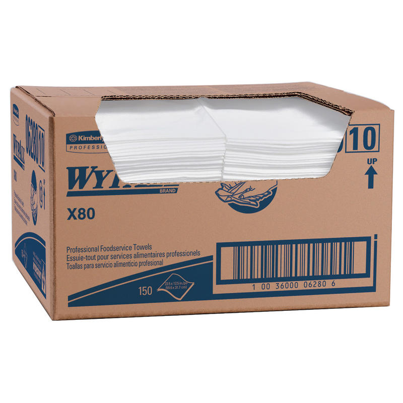 Wypall X80 Extended Use Foodservice Towels With Antimicrobial Protection, 12in x 23 7/16in, White, Box Of 150 (Min Order Qty 2) MPN:H06280