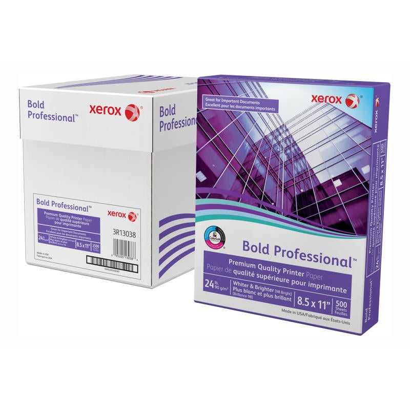 Xerox Bold Professional Premium Quality Inkjet Or Laser Paper, Letter Size (8 1/2in x 11in), Ream Of 500 sheets, Case of 5 reams, FSC Certified, 24 Lb, 98 Brightness MPN:3R13038-CS