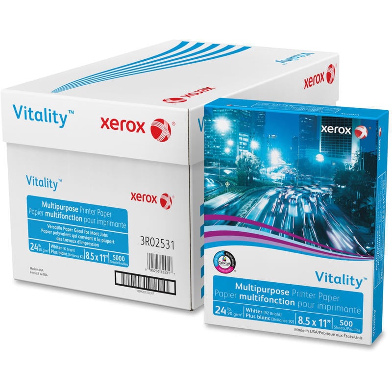 Xerox Vitality Multi-Use Printer & Copy Paper, 10 Reams, White, Letter (8.5in x 11in), 5000 Sheets Per Case, 24 Lb, 92 Brightness,  FSC Certified MPN:3R02531