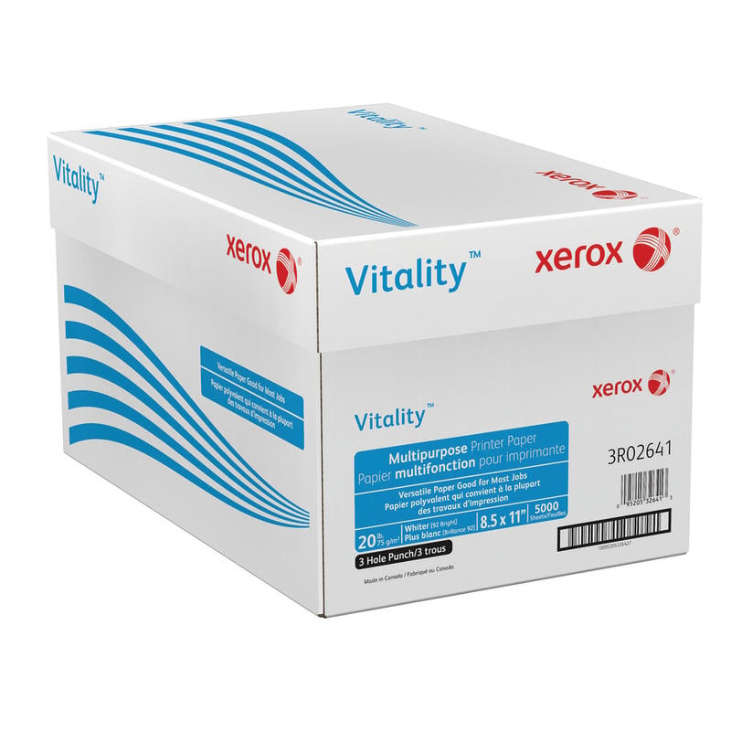 Xerox Vitality 3-Hole Punched Multi-Use Printer & Copy Paper, 10 Reams, White, Letter (8.5in x 11in), 5000 Sheets Per Case, 20 Lb, 92 Brightness, FSC Certified MPN:3R2641