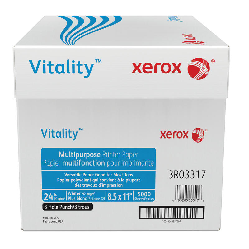 Xerox Vitality 3-Hole Punched Multi-Use Printer & Copy Paper, 10 Reams, White, Letter (8.5in x 11in), 5000 Sheets Per Case, 24 Lb, 92 Brightness, FSC Certified MPN:3R3317