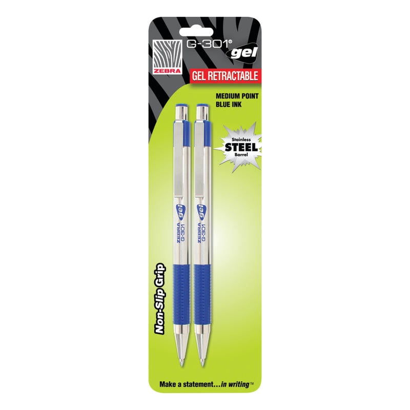 Zebra Pen G-301 Retractable Gel Pens, Pack Of 2, Medium Point, 0.7 mm, Silver Barrel, Blue Ink (Min Order Qty 13) MPN:41322