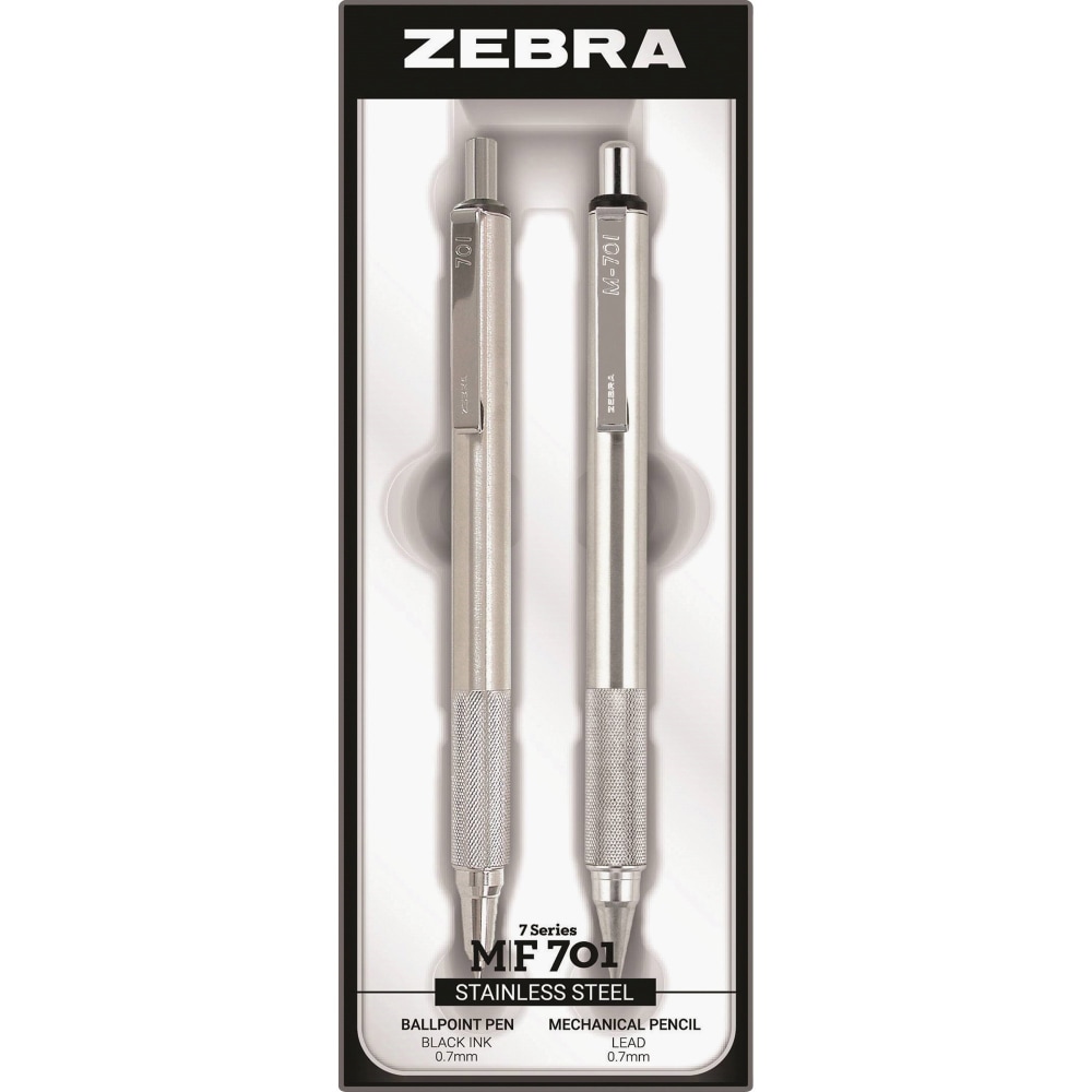 Zebra STEEL 7 Series M/F 701 Mechanical Pencil & Ballpoint Pen Set - 0.7 mm Pen Point Size - 0.7 mm Lead Size - Refillable - Stainless Steel - 2 / Set (Min Order Qty 4) MPN:10519