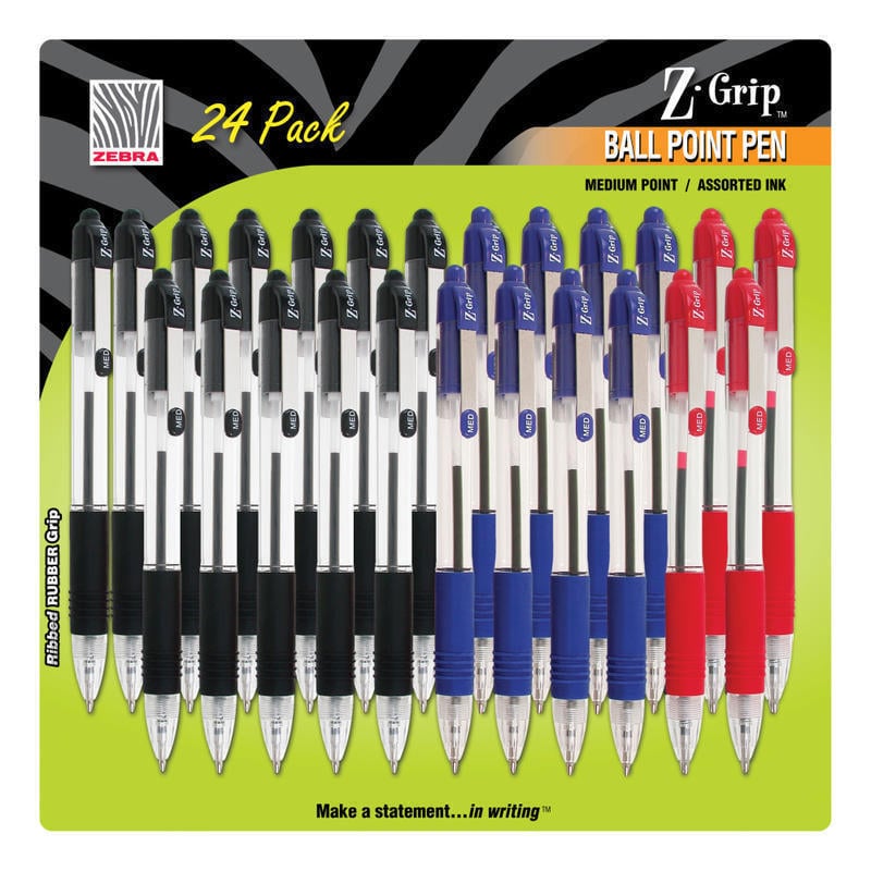 Zebra Pen Z-Grip Retractable Ballpoint Pens, Pack Of 24, Medium Point, 1.0 mm, Translucent Barrel, Assorted Ink Colors (Min Order Qty 7) MPN:12224