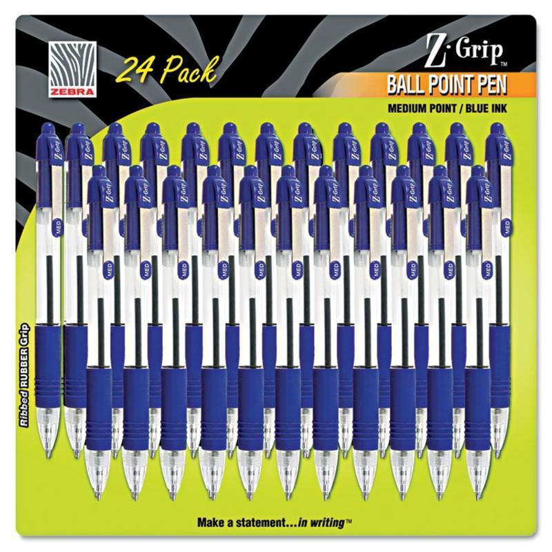 Zebra Pen Z-Grip Retractable Ballpoint Pens, Pack Of 24, Medium Point, 1.0 mm, Blue Barrel, Blue Ink (Min Order Qty 7) MPN:12225