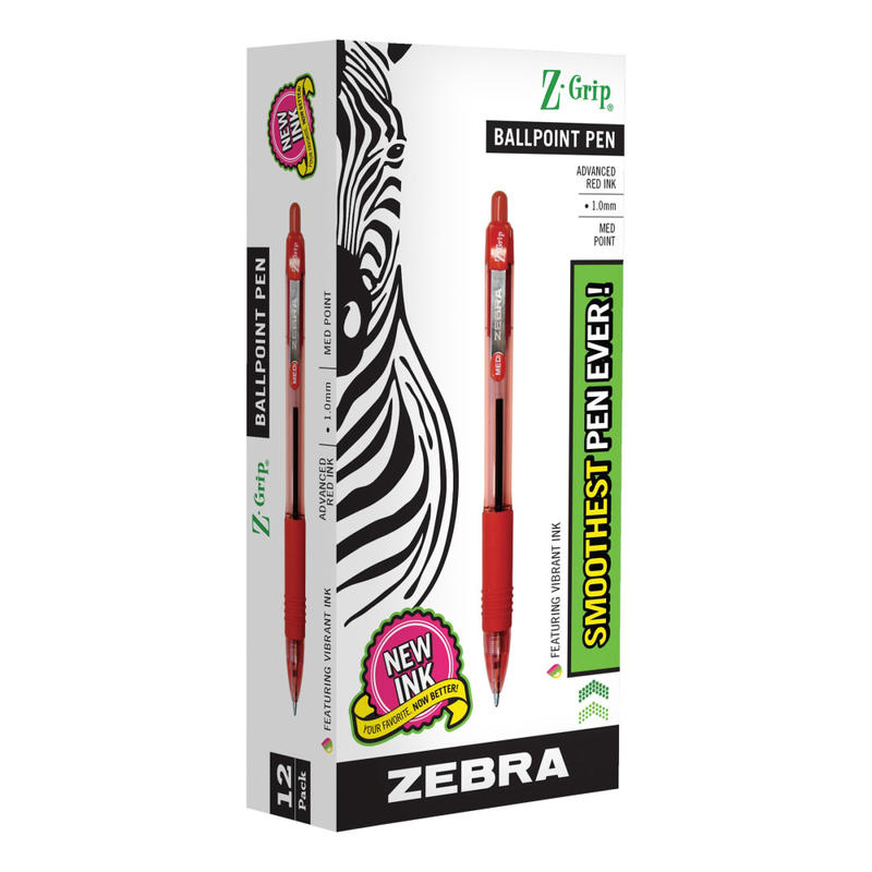 Zebra Pen Z-Grip Retractable Ballpoint Pens, Pack Of 12, Medium Point, 1.0 mm, Red Barrel, Red Ink (Min Order Qty 10) MPN:22230