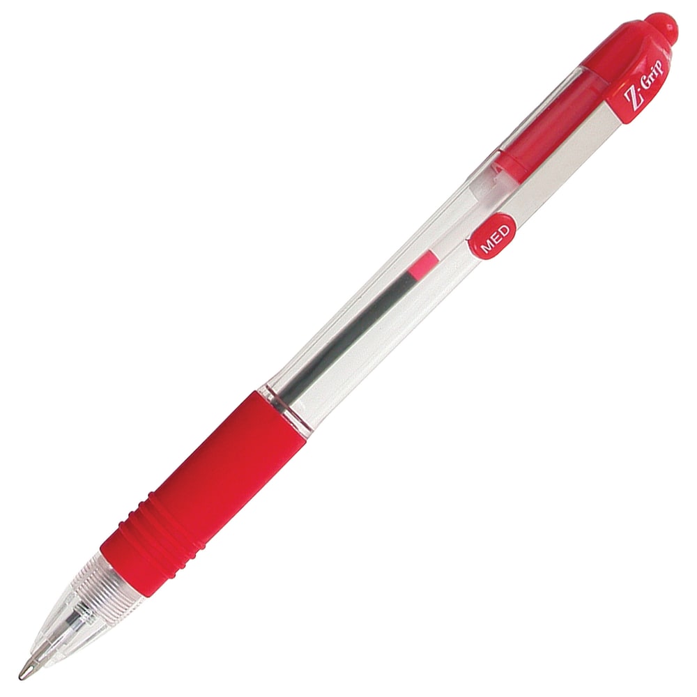 Zebra Pen Z-Grip Retractable Ballpoint Pens, Pack Of 12, Medium Point, 1.0 mm, Clear Barrel, Red Ink (Min Order Qty 13) MPN:22230D