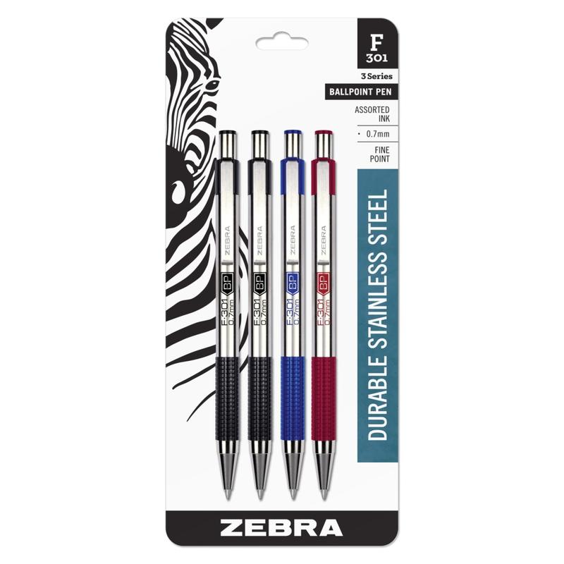 Zebra Pen F-301 Stainless Steel Retractable Ballpoint Pens, Pack Of 4, Fine Point, 0.7 mm, Silver Barrel, Assorted Ink Colors (Min Order Qty 9) MPN:27104