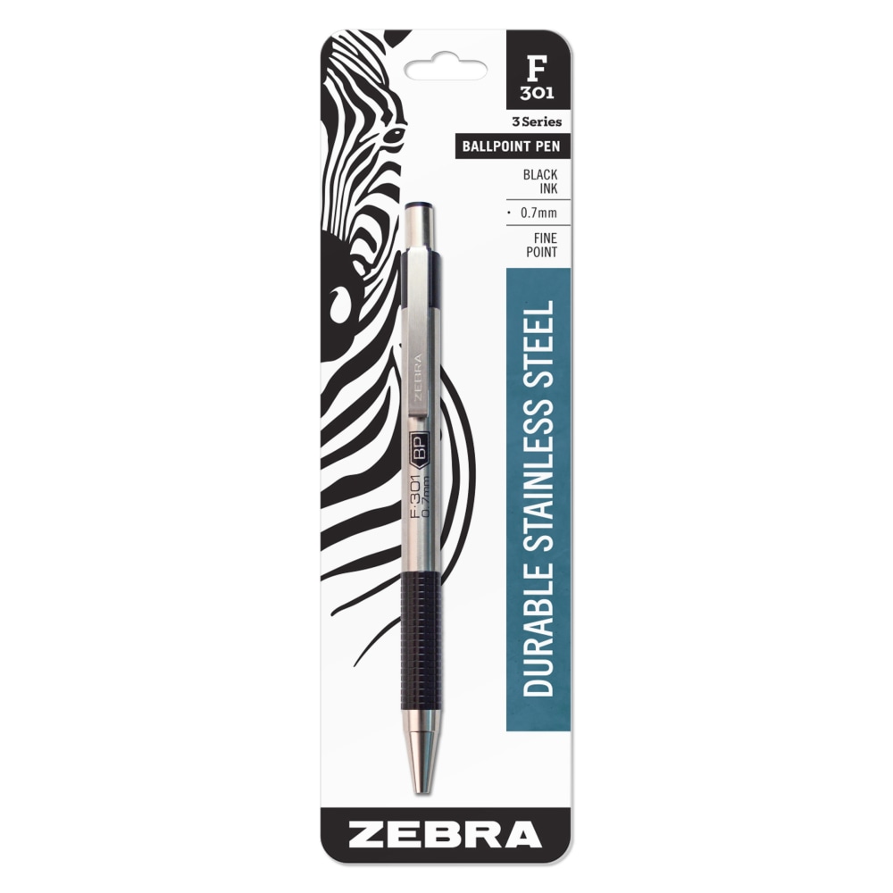 Zebra Pen F-301 Stainless Steel Retractable Ballpoint Pen, Fine Point, 0.7 mm, Black Ink (Min Order Qty 18) MPN:27111