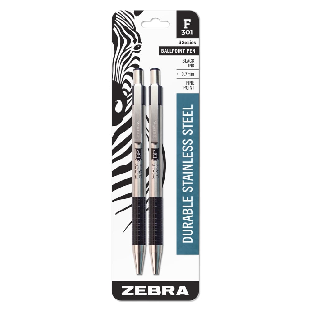 Zebra Pen BCA F-301 Ballpoint Pens, Pack Of 2, Fine Point, 0.7 mm, Silver Barrel, Black Ink (Min Order Qty 16) MPN:27112