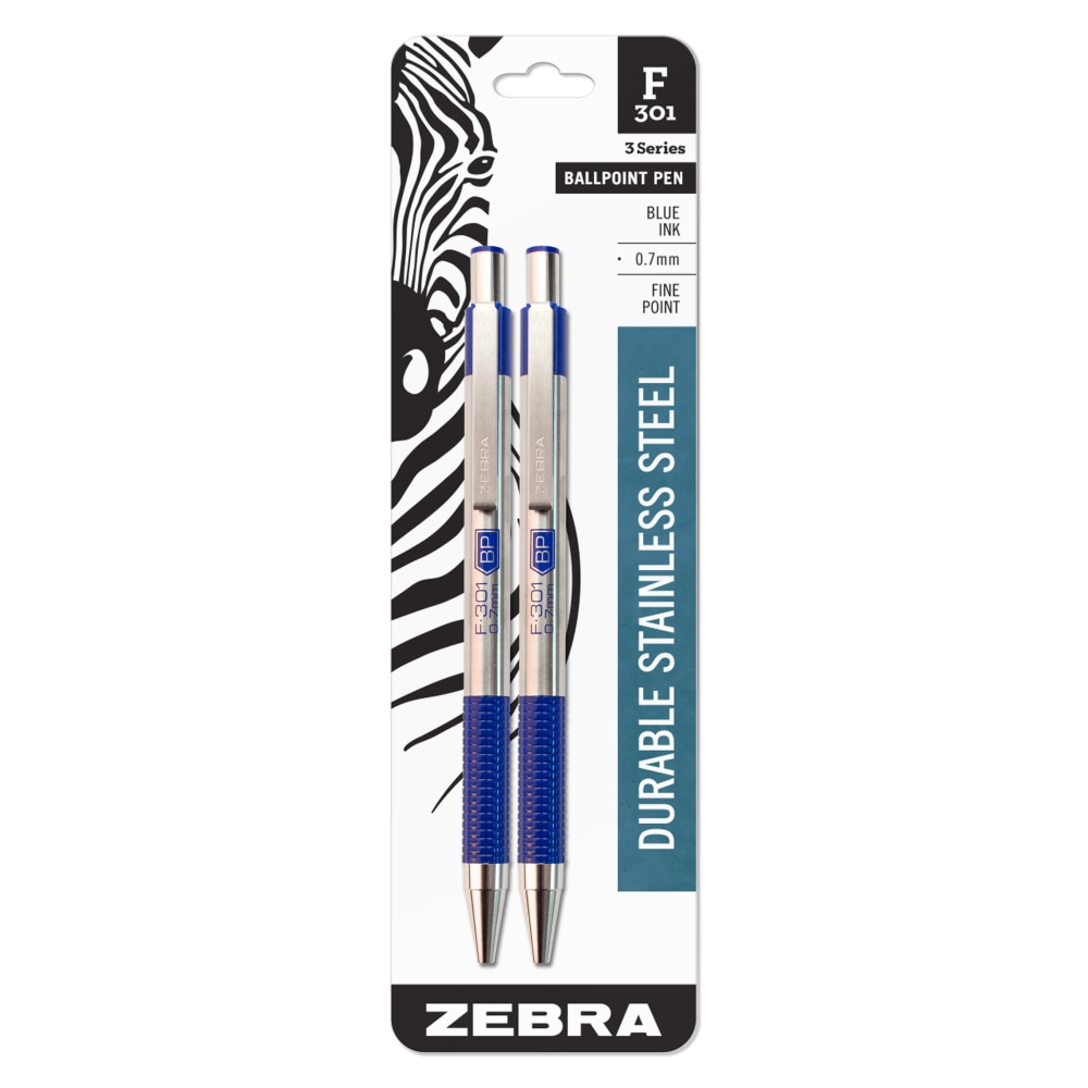 Zebra Pen BCA F-301 Ballpoint Pens, Fine Point, Stainless Steel Barrel, Blue Ink, Pack Of 2 (Min Order Qty 16) MPN:27122