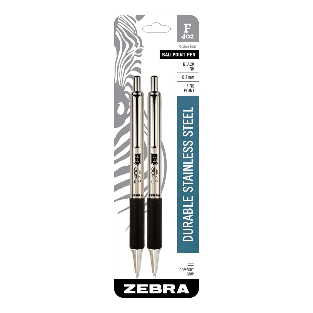 Zebra Pen F-402 Stainless Steel Retractable Ballpoint Pens, Pack Of 2, Fine Point, 0.7 mm, Silver Barrel, Black Ink (Min Order Qty 9) MPN:29212