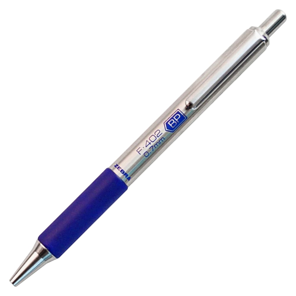 Zebra Pen F-402 Retractable Ballpoint Pen, Fine Point, 0.7 mm, Silver Barrel, Blue Ink (Min Order Qty 12) MPN:29220