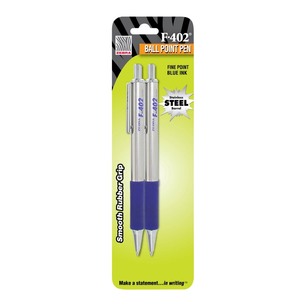 Zebra Pen F-402 Stainless Steel Retractable Ballpoint Pens, Pack Of 2, Fine Point, 0.7 mm, Assorted Barrel, Blue Ink (Min Order Qty 8) MPN:29222