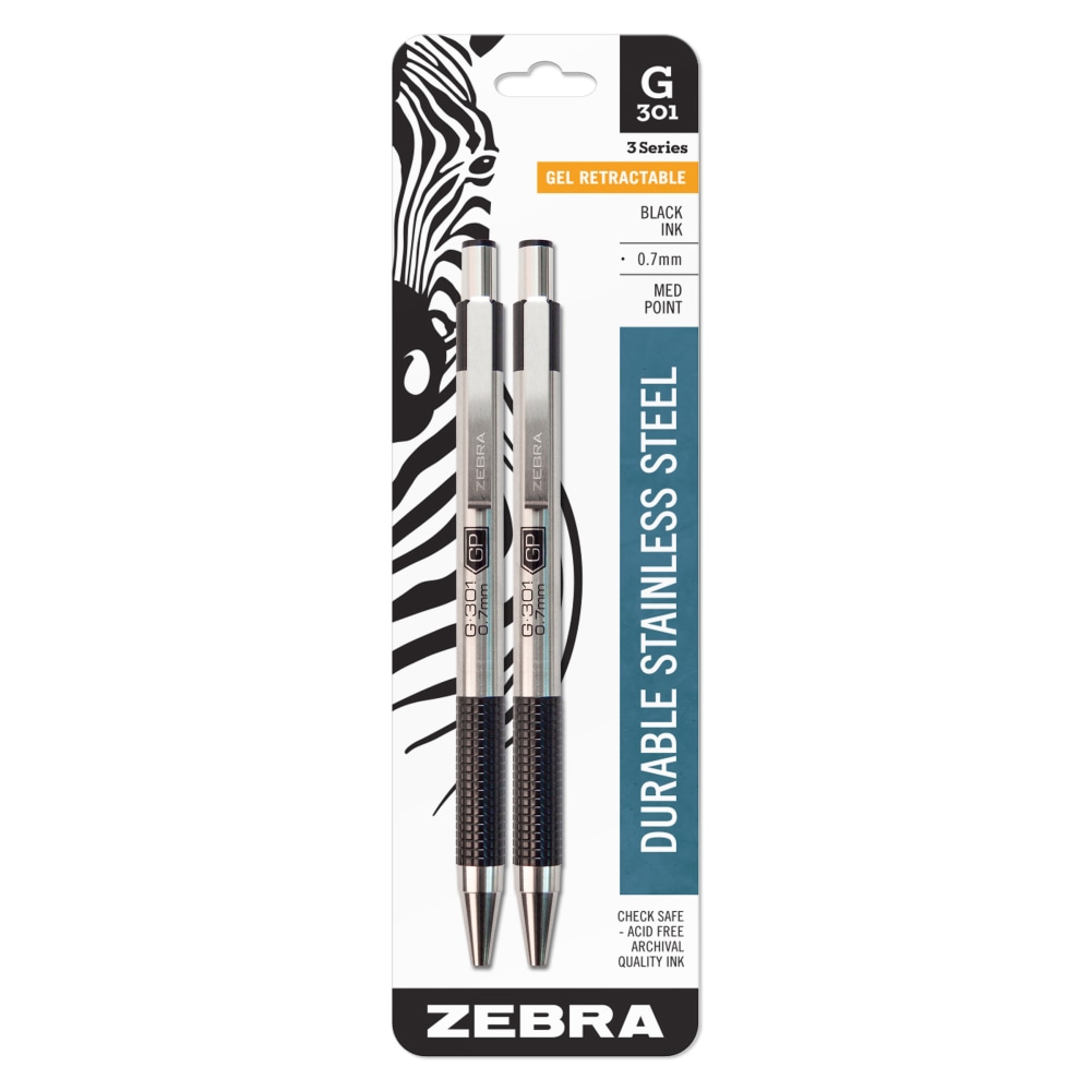 Zebra Pen G-301 Retractable Gel Pens, Pack Of 2, Medium Point, 0.7 mm, Silver Barrel, Black Ink (Min Order Qty 14) MPN:41312