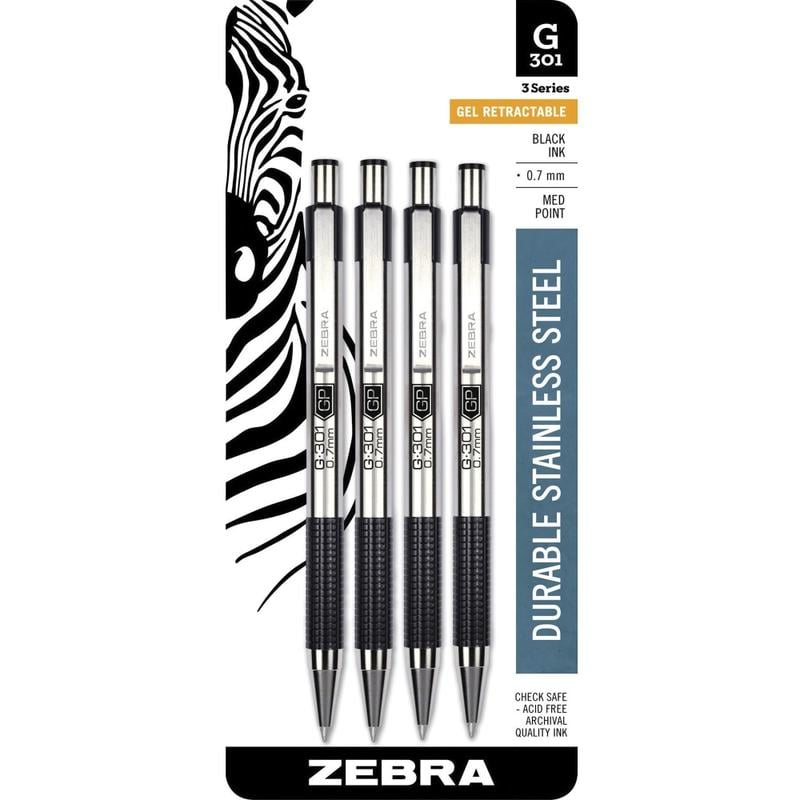 Zebra Pen STEEL 3 Series G-350 Retractable Gel Pens, Pack Of 4, Medium Point, 0.7 mm, Black Barrel, Black Ink (Min Order Qty 6) MPN:41314