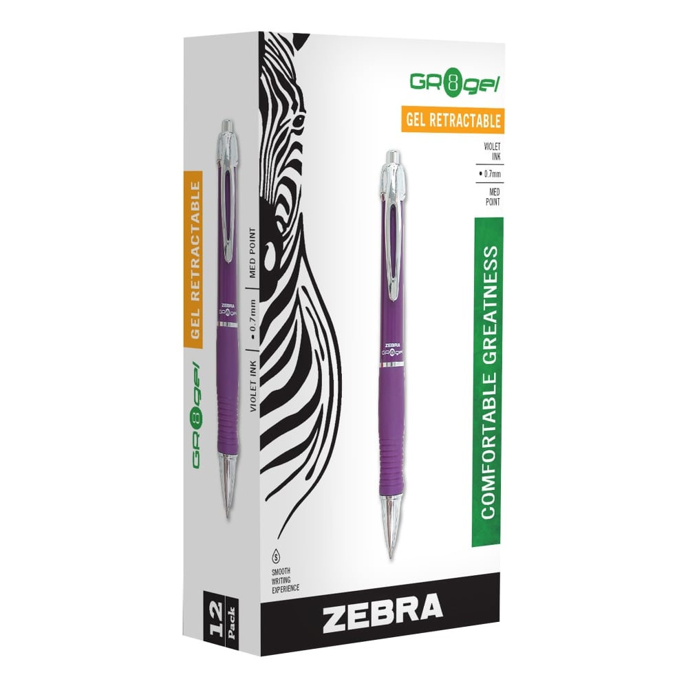 Zebra Pen GR8 Retractable Gel Pens, Pack Of 12, Medium Point, 0.7 mm, Violet Barrel, Violet Ink (Min Order Qty 5) MPN:42680