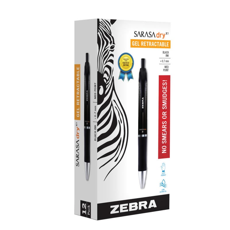 Zebra Pen SARASA Dry X1 Retractable Gel Pens, Pack Of 12, Medium Point, 0.7 mm, Black Barrel, Black Ink (Min Order Qty 5) MPN:45610